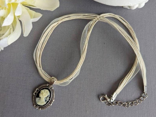 Vintage-Inspired Cameo Choker, Antique Silver Pendant on Organza Ribbon Necklace