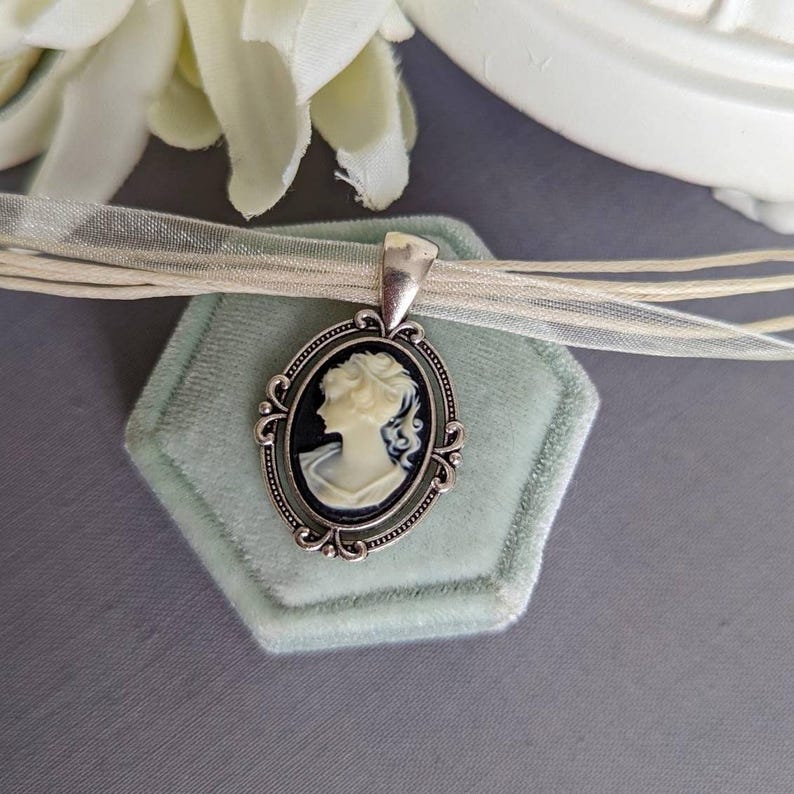 Vintage-Inspired Cameo Choker, Antique Silver Pendant on Organza Ribbon Necklace