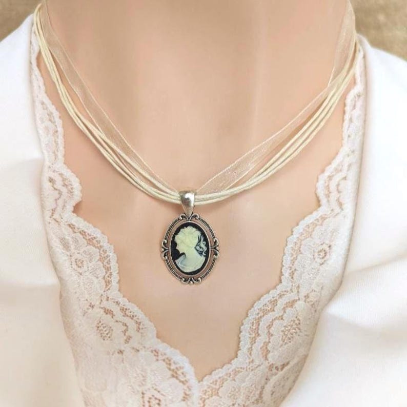 Vintage-Inspired Cameo Choker, Antique Silver Pendant on Organza Ribbon Necklace