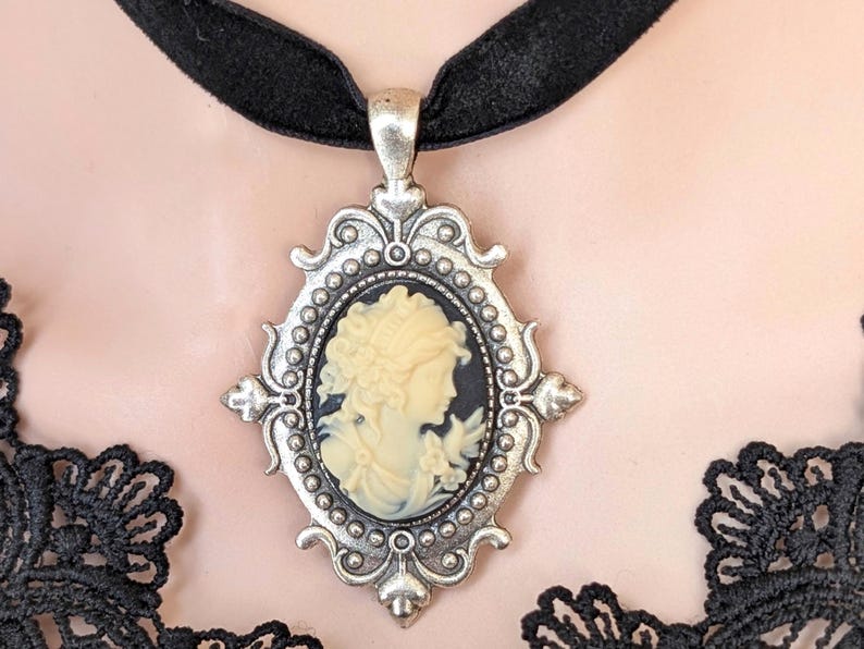 Gothic Cameo Choker Necklace, Vintage Setting on Black Velvet Ribbon