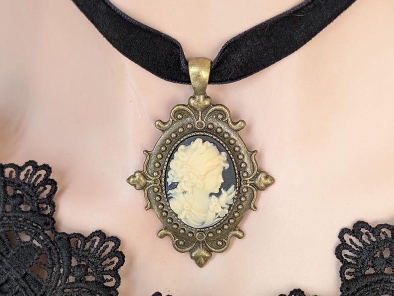 Gothic Cameo Choker Necklace, Vintage Setting on Black Velvet Ribbon