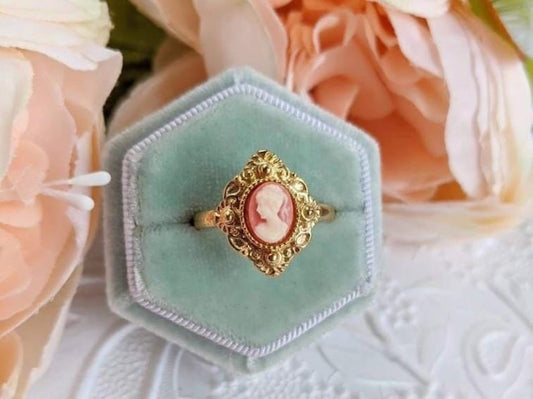 Cameo Ring Carnelian Lady in Golden Brass, Victorian Jewelry, Adjustable