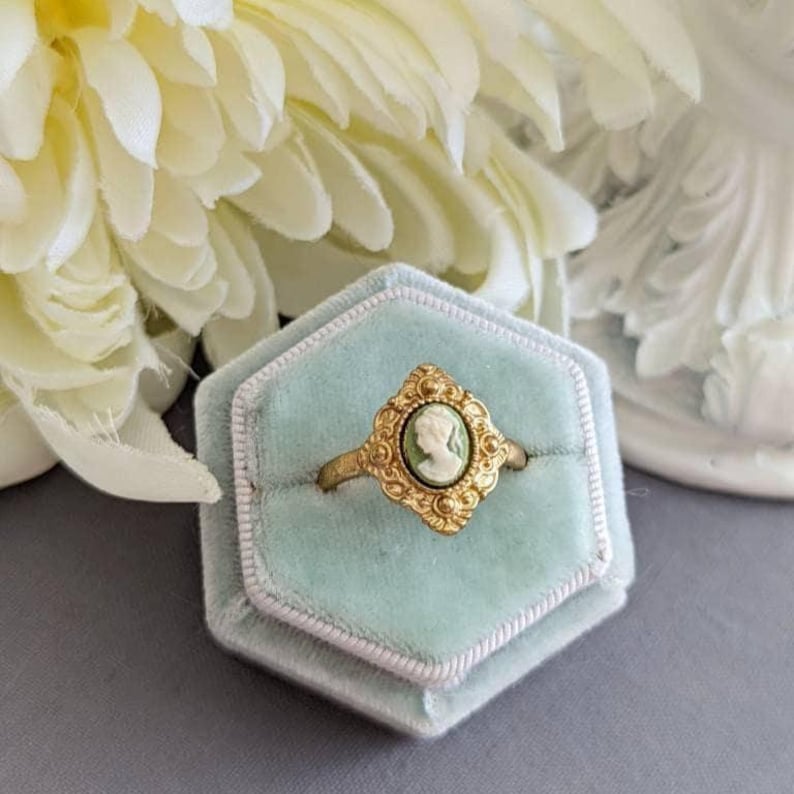 Cameo Ring Carnelian Lady in Golden Brass, Victorian Jewelry, Adjustable