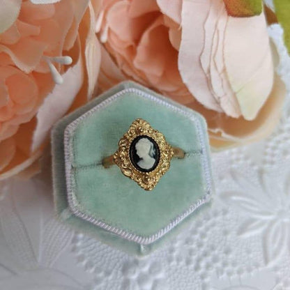 Cameo Ring Carnelian Lady in Golden Brass, Victorian Jewelry, Adjustable