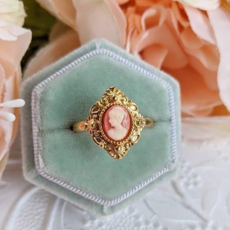 Cameo Ring Carnelian Lady in Golden Brass, Victorian Jewelry, Adjustable