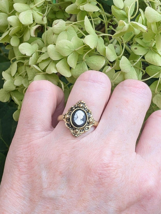 Antiqued Gold Cameo Ring, Adjustable Victorian Style Jewelry