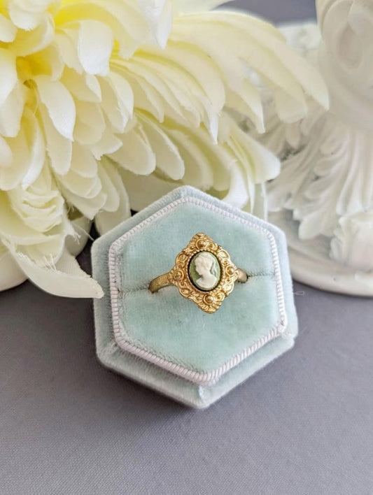 Green Cameo Ring, Vintage Style Adjustable Brass Ring