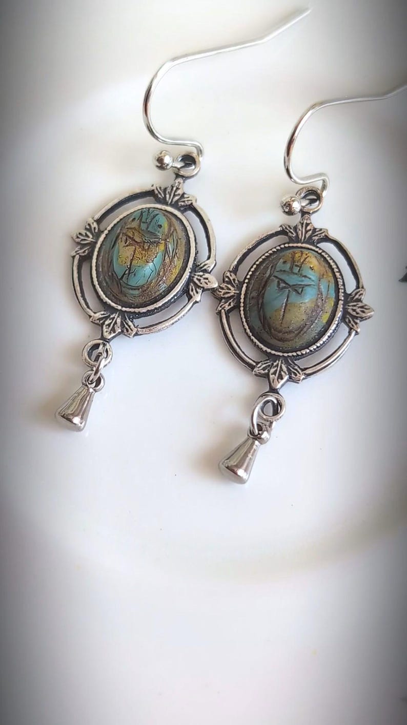 Scarab Earrings with Silver Ox Leaf Frame Pendants, Art Deco Jewelry with Egyptian Inspiration