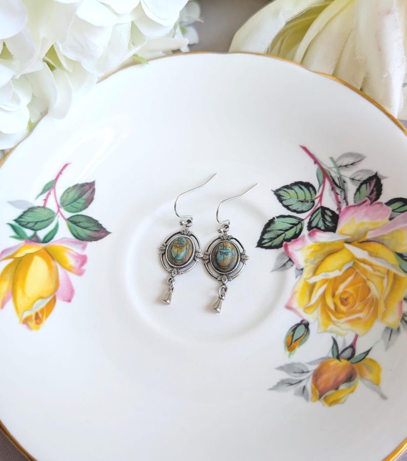 Scarab Earrings with Silver Ox Leaf Frame Pendants, Art Deco Jewelry with Egyptian Inspiration