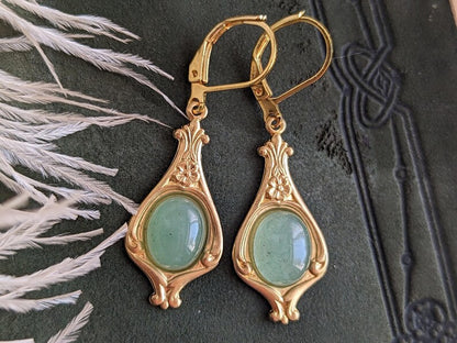 Handmade Green Aventurine Earrings, Golden Brass Settings, Art Nouveau Vintage Jewelry