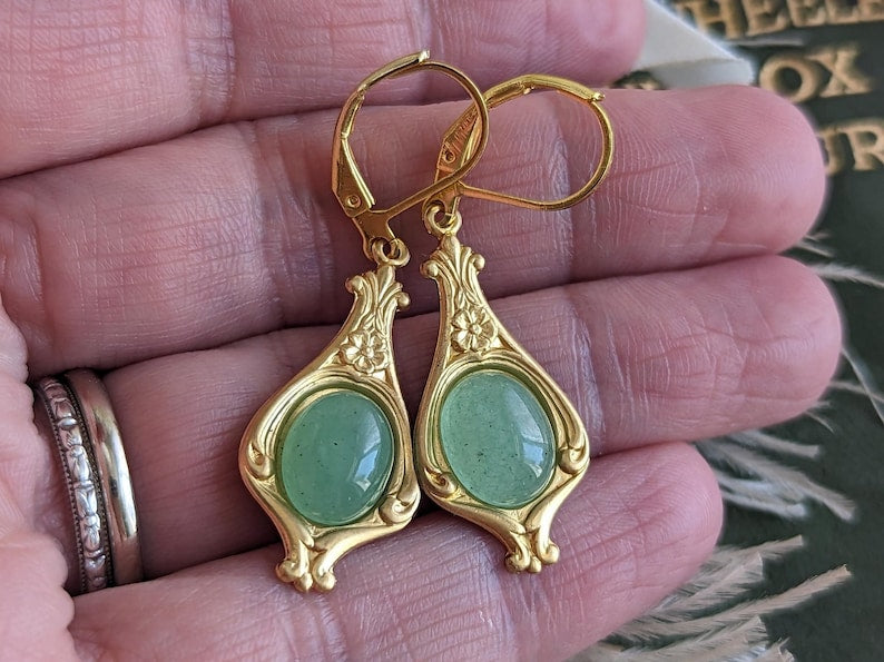 Handmade Green Aventurine Earrings, Golden Brass Settings, Art Nouveau Vintage Jewelry