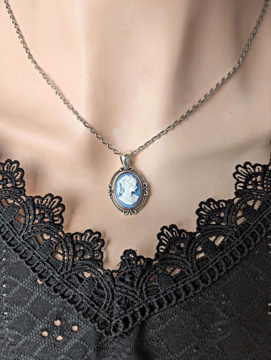 Blue Cameo Necklace: Victorian Style Silver Pendant, Bridal Jewelry