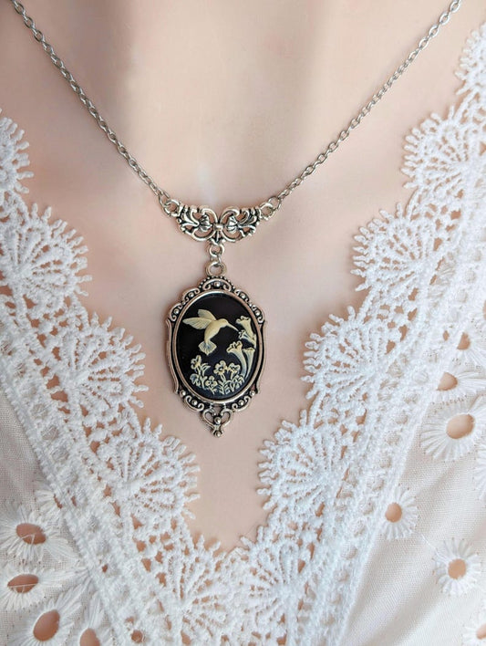 Hummingbird Cameo Necklace: Antique Silver Gothic Pendant