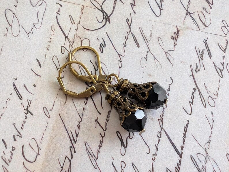 Black Drop Earrings, Gothic Vintage Style Jewelry, Gift for Her