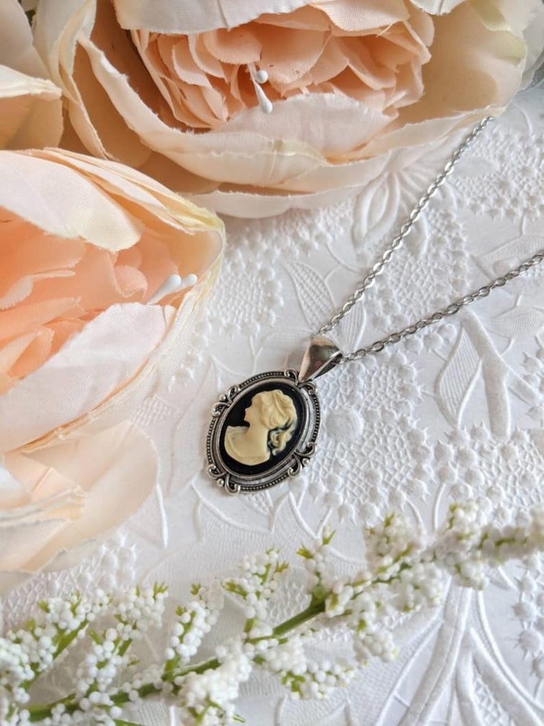 Black Cameo Necklace, Victorian Style Lady Pendant Antiqued Silver