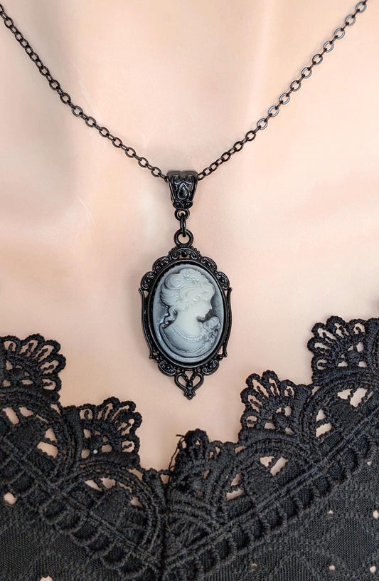Gothic Blue Cameo Necklace: Ornate Black Vintage Style Jewelry