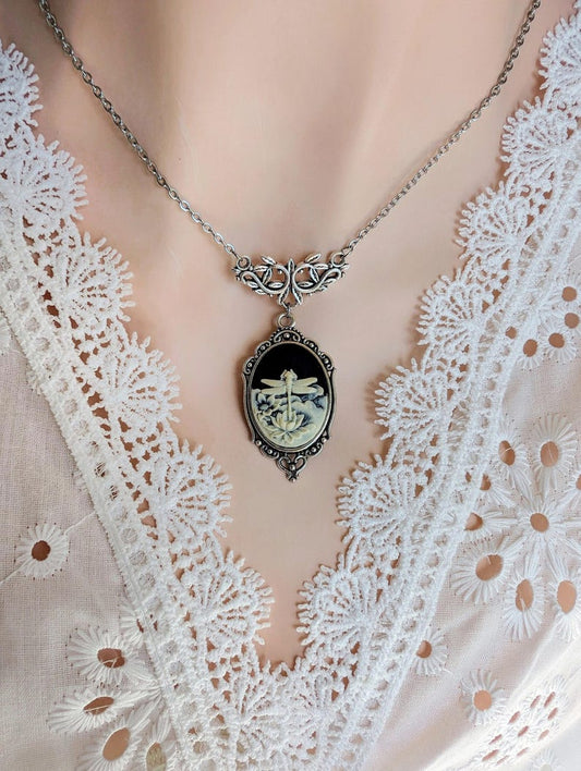 Black Dragonfly Cameo Necklace, Antique Silver Lotus Pendant Jewelry