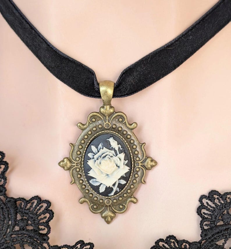 Victorian Rose Cameo Choker Necklace, Black Velvet Gothic Pendant