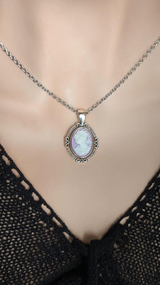 Purple Cameo Necklace, Victorian Silver Pendant, Vintage Jewelry Gift