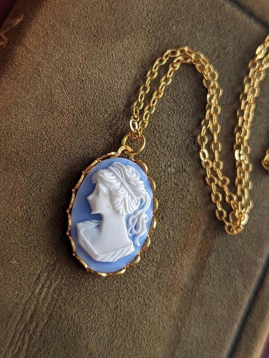 Gold Cameo Necklace, Dainty Blue Portrait Pendant, Vintage Style Handmade Jewelry