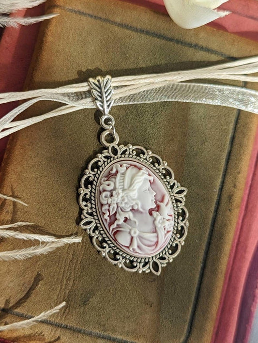 Victorian Cameo Ribbon Choker Necklace, Vintage Lady Pendant