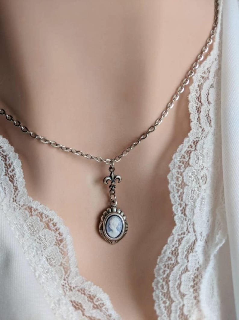 Blue Cameo Necklace: Silver Fleur de Lys Victorian Style Pendant