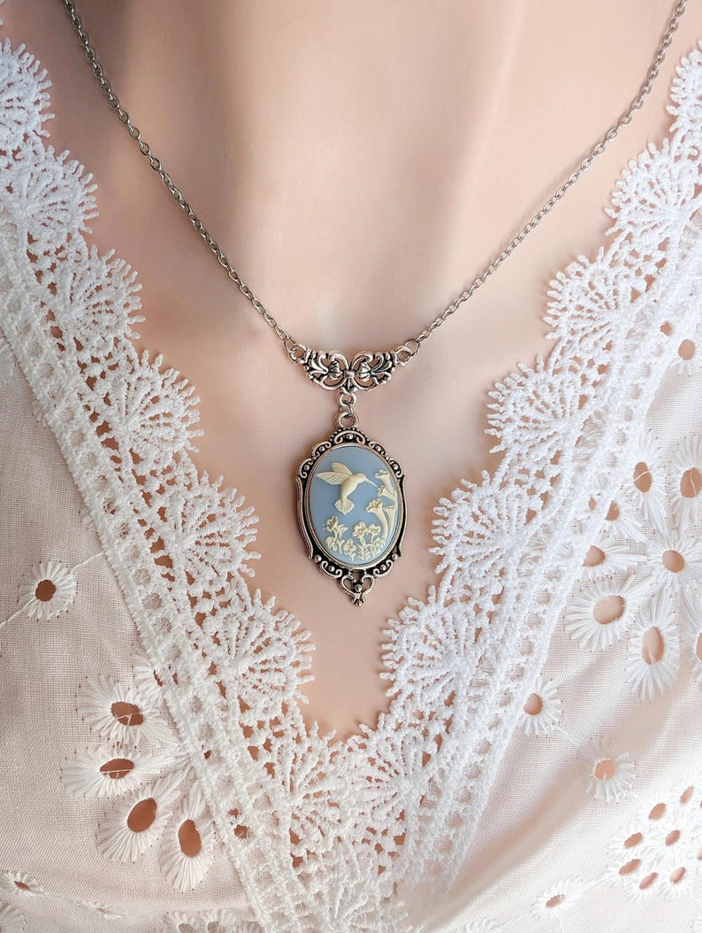 Blue Hummingbird Cameo Necklace, Art Nouveau Bird Pendant Jewelry