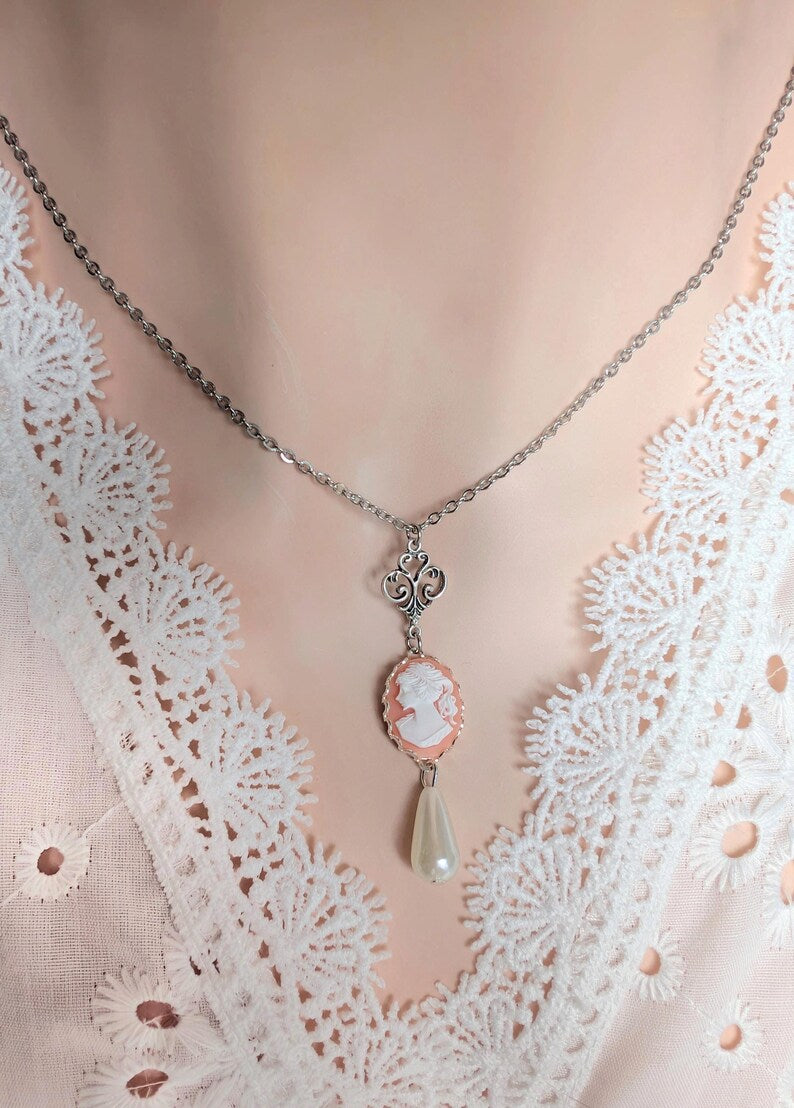 Pink Cameo Necklace with Pearl Drop, Victorian Silver Pendant Gift