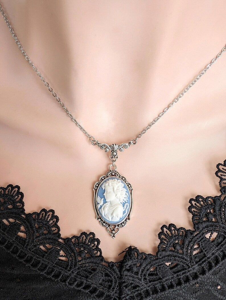 Blue Cameo Necklace Victorian Silver Pendant Vintage Style Jewelry