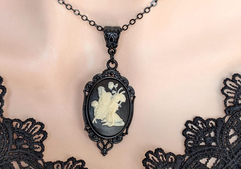 Black Fairy Cameo Necklace, Woodland Fae Pendant, Gothic Jewelry