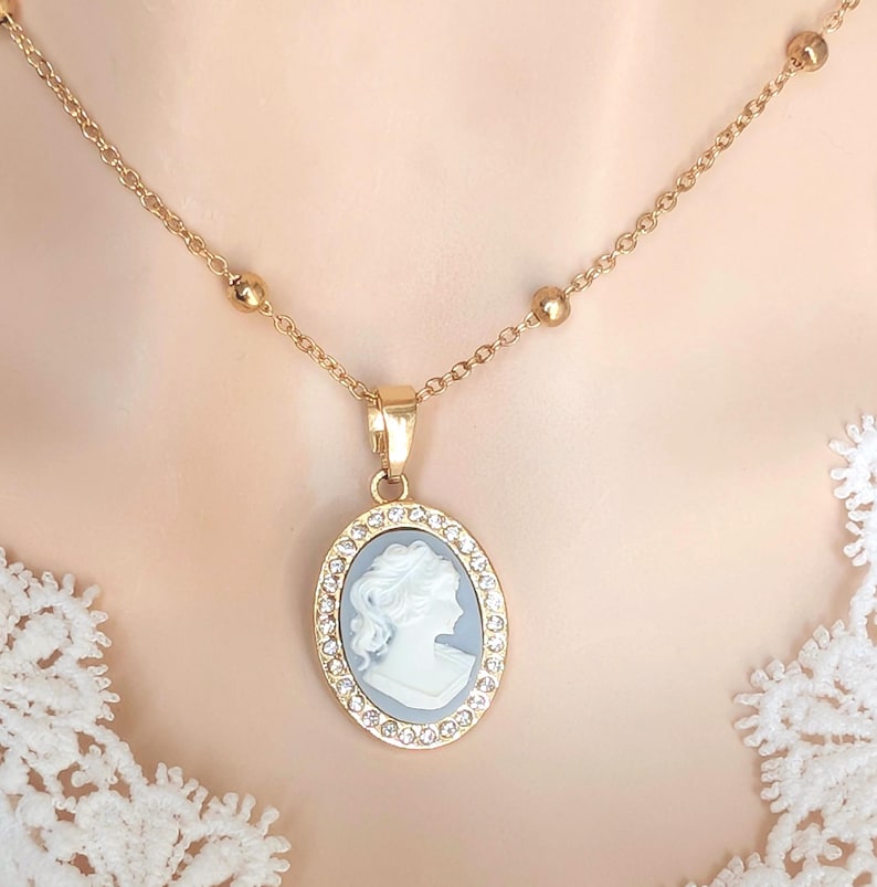 Handmade Gold Blue Lady Cameo Necklace with CZ Halo on Station Chain