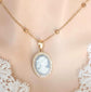 Handmade Gold Blue Lady Cameo Necklace with CZ Halo on Station Chain