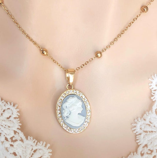 Gold Plated Cameo Necklace, CZ Halo Blue Victorian Pendant