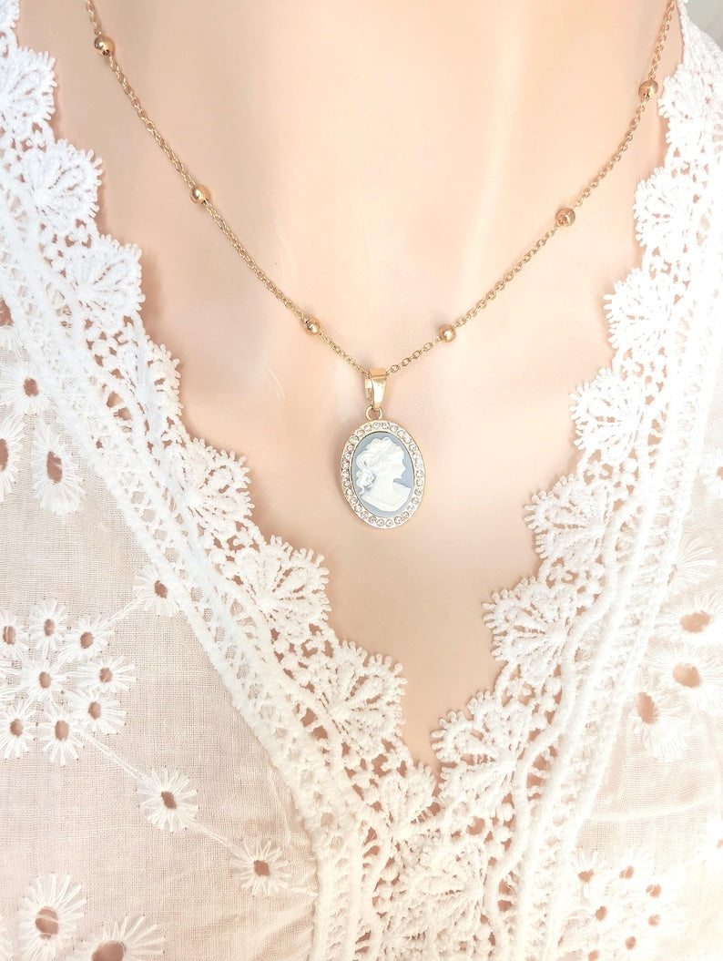 Gold Plated Cameo Necklace, CZ Halo Blue Victorian Pendant