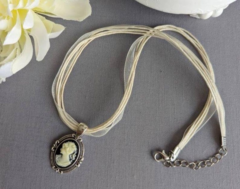 Vintage-Inspired Cameo Choker, Antique Silver Pendant on Organza Ribbon Necklace