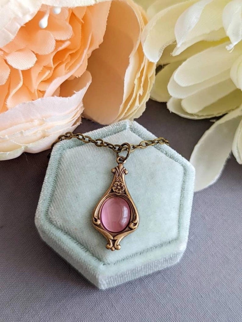 Victorian Pink Pendant Necklace, Vintage Style Historical Costume Jewelry