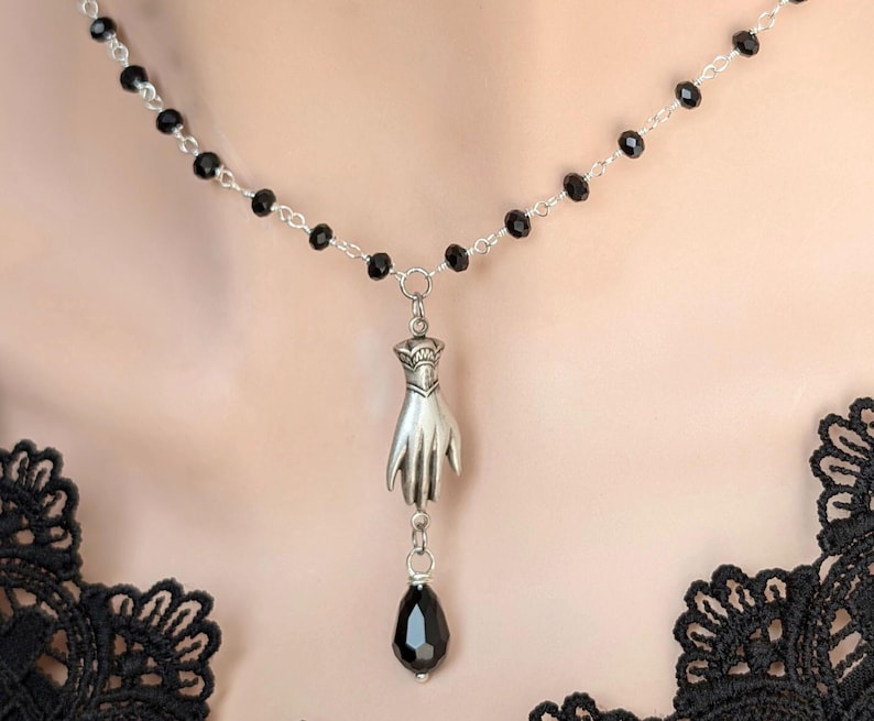 Victorian Hand Necklace, Gothic Rosary Bead Jewelry for Her