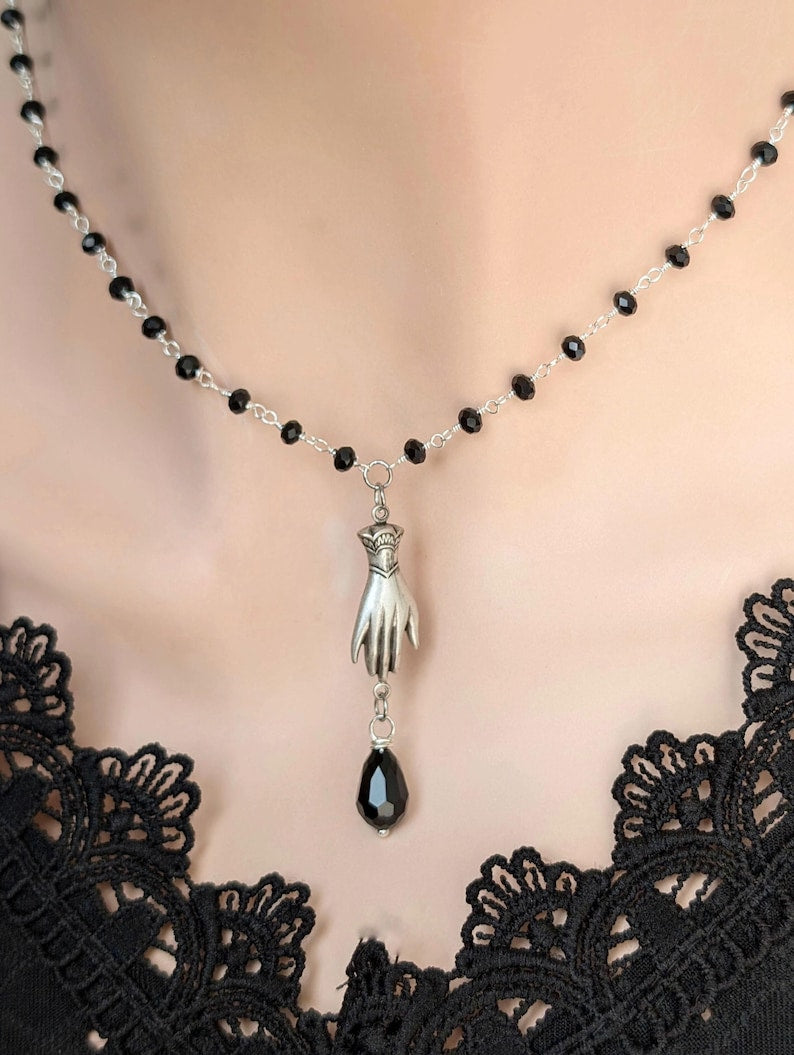 Victorian Hand Necklace, Gothic Rosary Bead Jewelry for Her