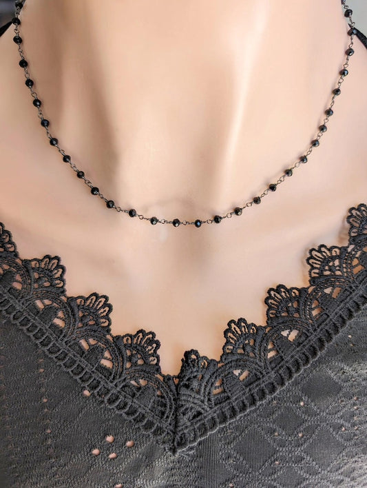 Black Faceted Glass Bead Choker | Gothic Rosary Chain Necklace