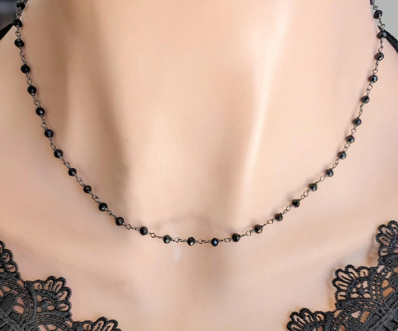 Black Faceted Glass Bead Choker | Gothic Rosary Chain Necklace