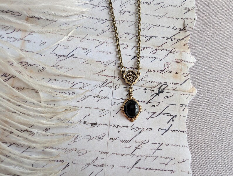 Art Deco Onyx Necklace | Vintage Gothic Black Stone Pendant, Handmade