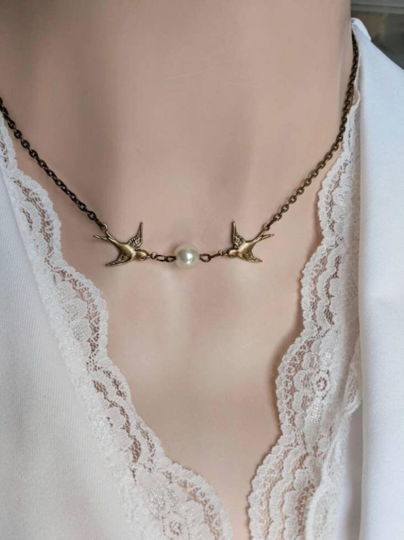 Sparrow Necklace: Bird Choker with Pearl Kiss, Antiqued Finish
