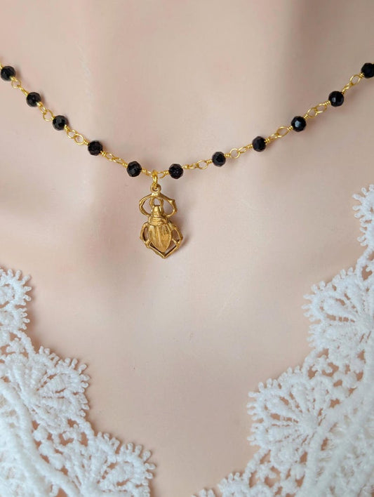 Scarab Pendant Choker | Black Beaded Rosary Chain Necklace