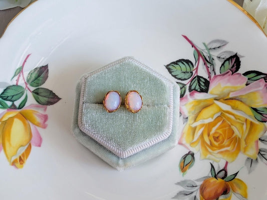 Vintage Opal Glass Earrings, Pale Harlequin Studs in Golden Brass