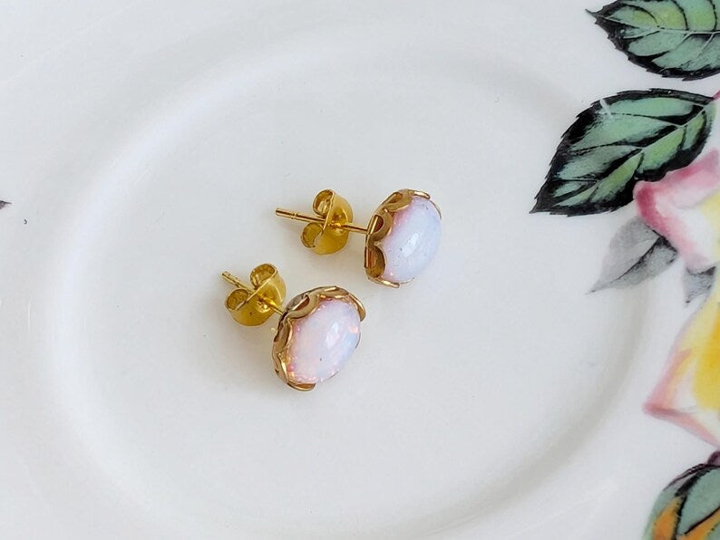 Vintage Opal Glass Earrings, Pale Harlequin Studs in Golden Brass