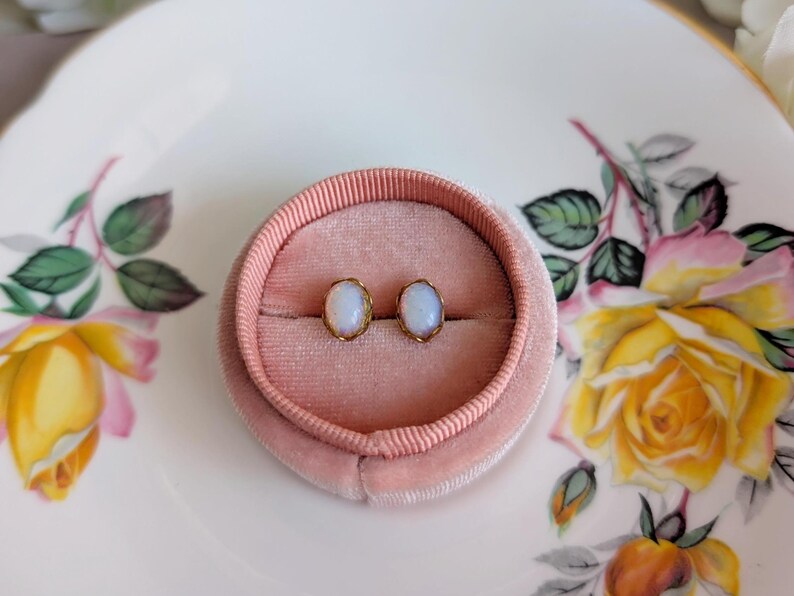 Vintage Opal Glass Earrings, Pale Harlequin Studs in Golden Brass