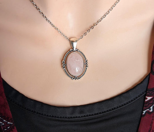 Rose Quartz Necklace | Antique Silver Pendant, Handmade Jewelry