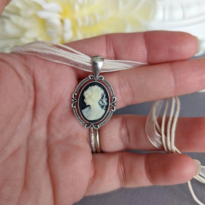 Vintage-Inspired Cameo Choker, Antique Silver Pendant on Organza Ribbon Necklace