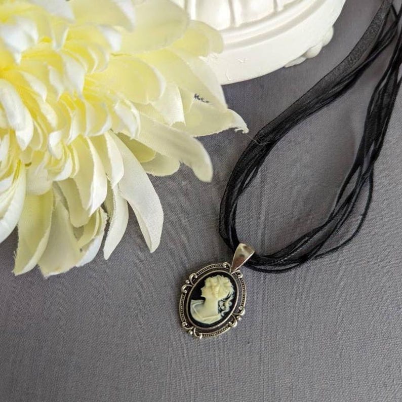 Vintage-Inspired Cameo Choker, Antique Silver Pendant on Organza Ribbon Necklace
