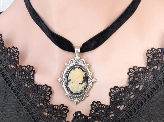 Gothic Cameo Choker Necklace, Vintage Setting on Black Velvet Ribbon